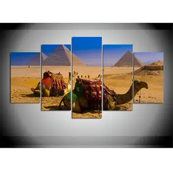 

5 Piece Canvas Painting Camels Resting in The Desert and Pyramids Landscape Home Decor Print Poster Framed Wall Art