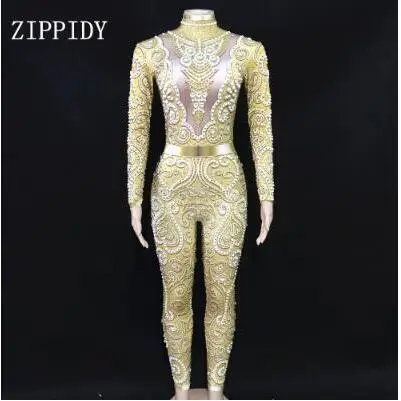 gold jumpsuit Модные 3 Цвета Кристаллы платья с жемчугом сексуальный спандекс для женщин певица комбинезон костюмы наряд день рождения Празднование вечернее платье - Цвет: gold jumpsuit