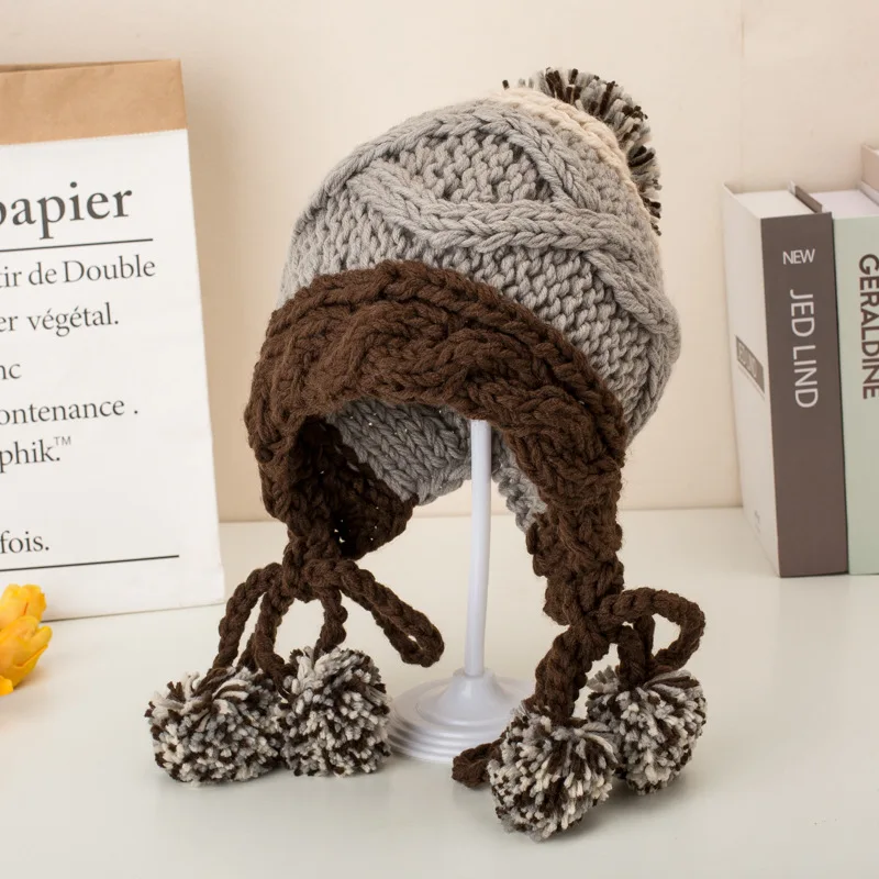 dark gray01 KAYOULAI, шапка женская шапка мужская шапка вязанная шапка, Женская осенне-зимняя шапка, теплая, Корейская, милая, зимняя, наушники, мяч, Вязанная, Czapka Zimowa, студенческий Чепчик для девочки - Цвет: dark gray01