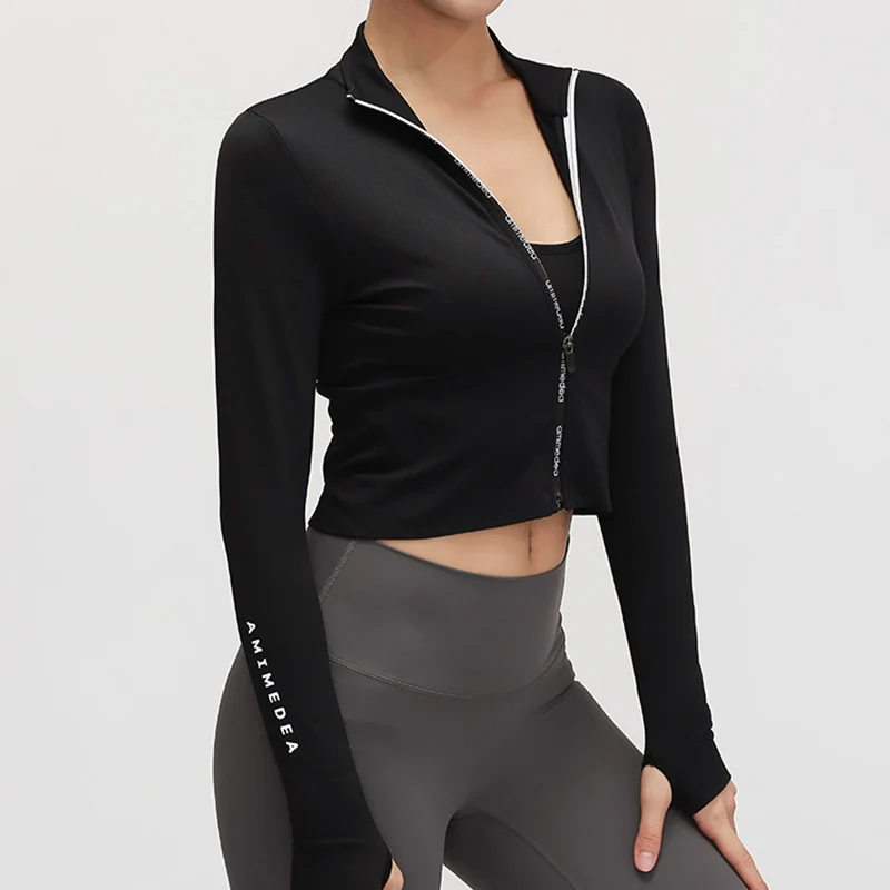 Спортивная куртка с длинными рукавами для большого пальца, женские топы для йоги и фитнеса на молнии, тренировочная одежда для тренировок, дышащая спортивная одежда