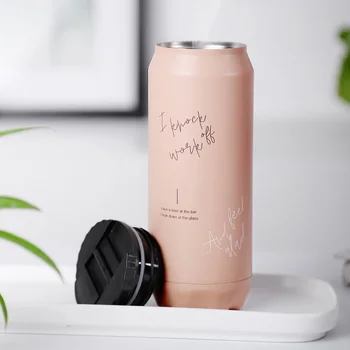 

Personalized Cans Design 400ml Vacuum Flask 304 One Hand Touch Thermal Cup Keep Warm Leaf-proof Water Tumbler Vacuum Flasks