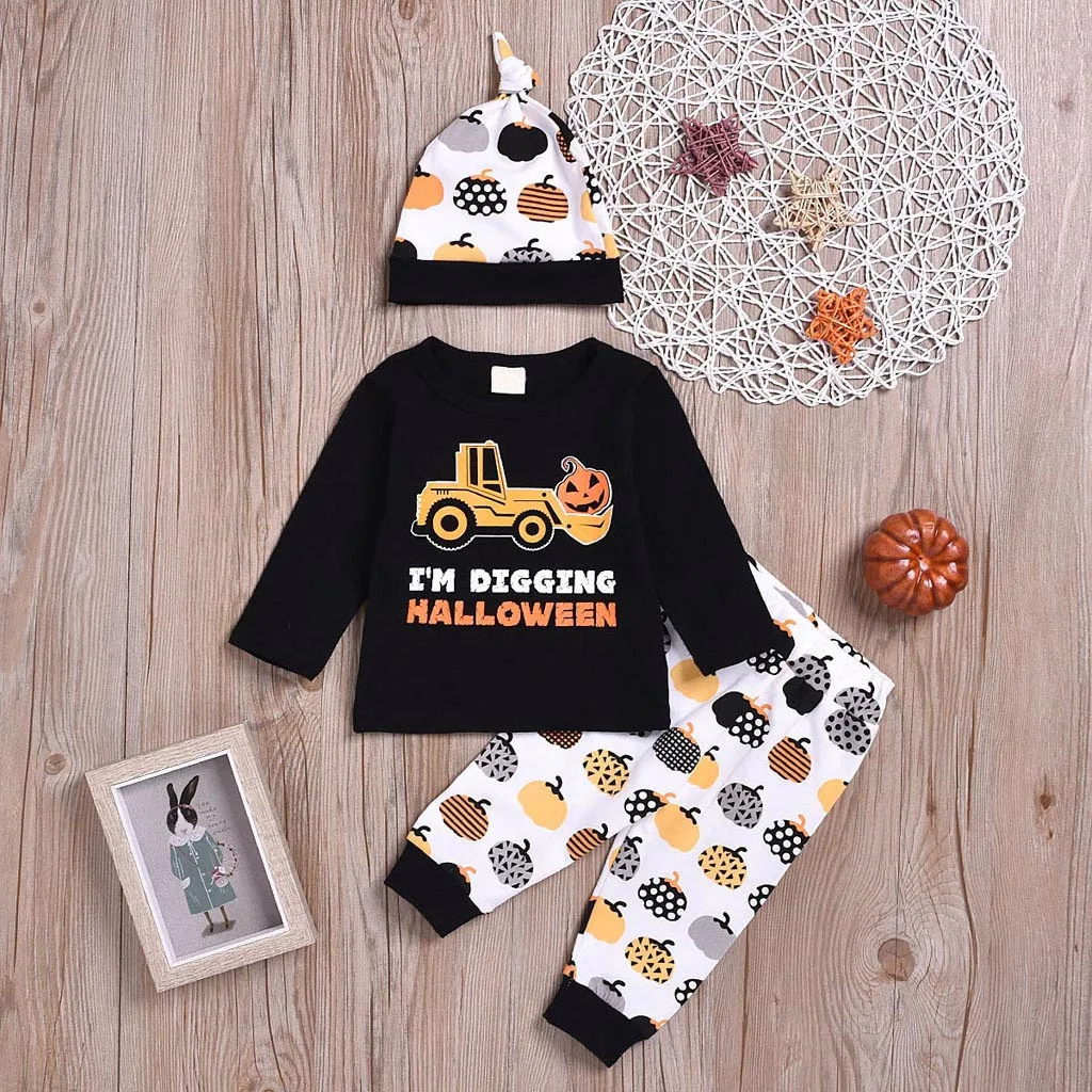 

Infant Baby Girls Boys Long Sleeve Halloween Cartoon Print Tops+Pant+Hat Outfit toddler boy clothes cotton boutique kids clothes