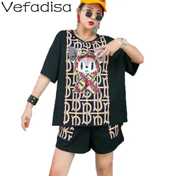 

Vefadisa Shorts Women Two-piece Suit Summer Women Set 2020 Cartoon Print T-shirt+ Letter Print Shorts Women Set Black QYF2581