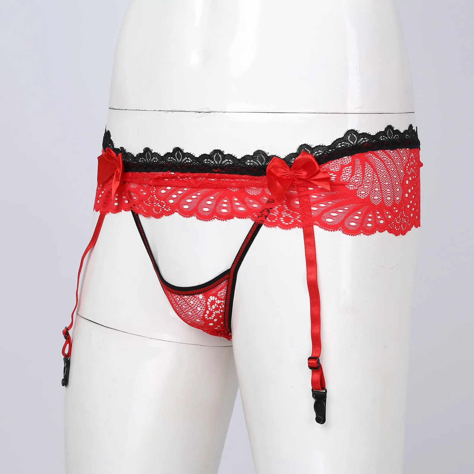 Tiaobug Mens Sissy Lace and Garter Belt Crotchless Thongs Adjustable G-Strings with Bowknot Elastic Waist Nightclub Underwears