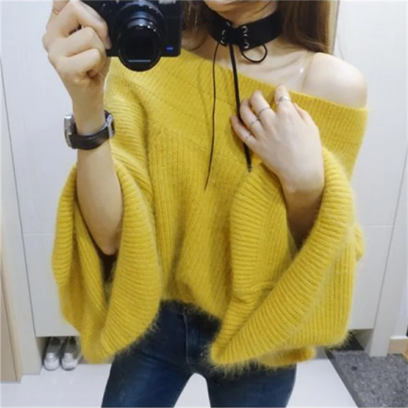 Yellow Корейский ленивый стиль негабаритных сексуальный с открытыми плечами свитер для женщин осень зима пушистый мохер свитера пуловеры Свободные Джемперы для женщин - Цвет: Yellow