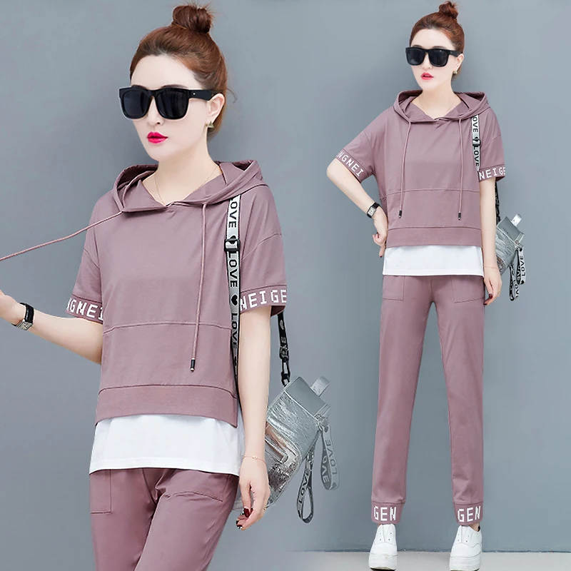 Grande-taille-deux-pi-ces-noir-rose-tenues-ensemble-pour-femmes-surv-tements-capuche-pantalons-et