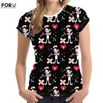 

FORUDESIGNS Short Sleeve Women T Shirt Cute Nurse Pattern Summer Ladies Nursing Clothes Woman O-neck Fashion Tops for 2020 Shirt