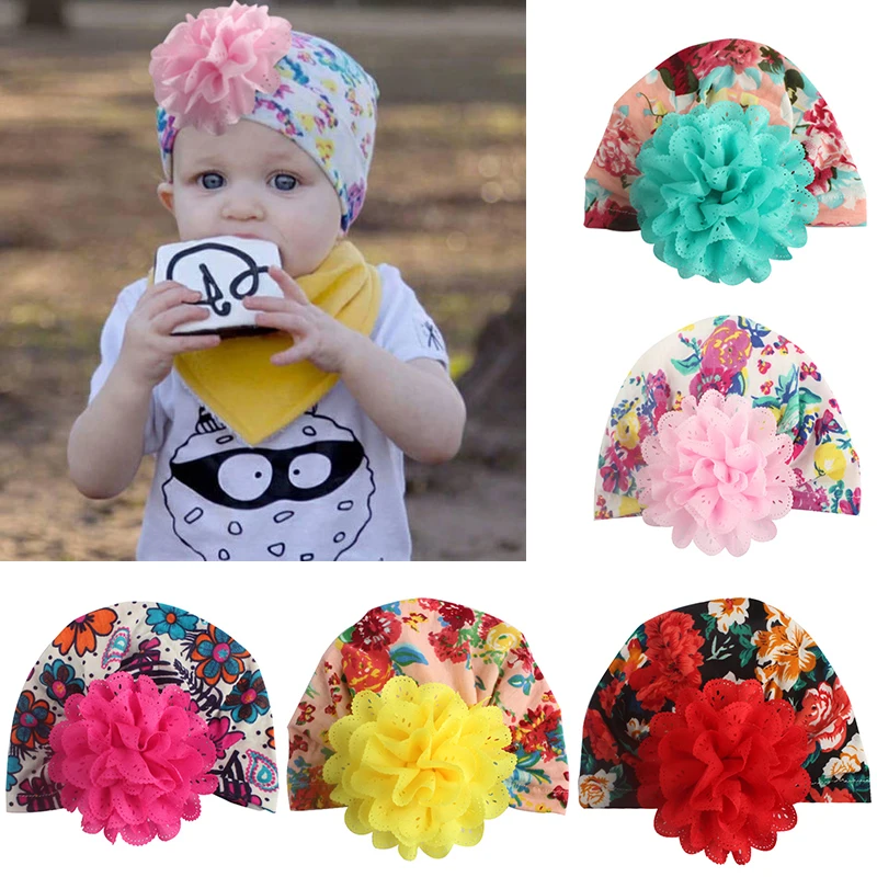 

Girl Baby Hat chiffon flower knotted pullover print Indian hat for Baby Turban Hats Cotton Infant Beanie Cap Baby Hat