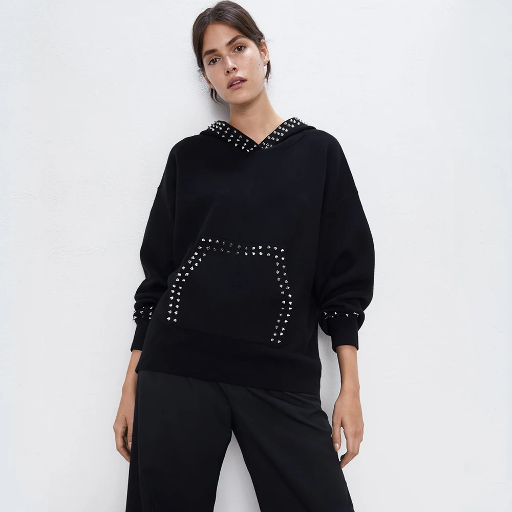 ZA Winter Knit Women's Sweatshirt Top Rivet Decorated Long-sleeved Hooded Standing Collar Splice Metal Laced Sweatshirt
