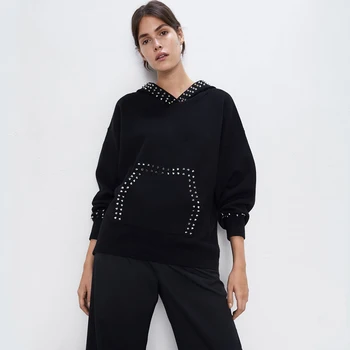 

ZA Winter Knit Women's Sweatshirt Top Rivet Decorated Long-sleeved Hooded Standing Collar Splice Metal Laced Sweatshirt