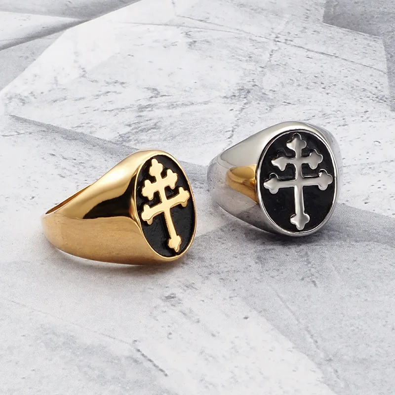Men's Classic Cross of Lorraine Signet Ring Jewelry 316L Stainless Steel For Friend Gift