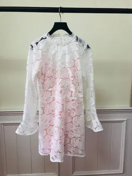 

Women Dress 2019 Autumn and Winter New Lace Embroidered Lotus Leaf Sleeve Two-piece Long-sleeved Dress Women