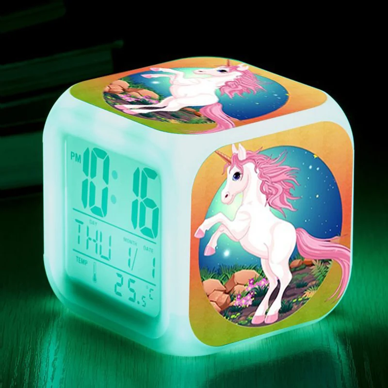  Cartoon Unicorn Alarm Clock Led Digital Alarm Clocks Child Kids Desk Clock 7 Color Changing Night L