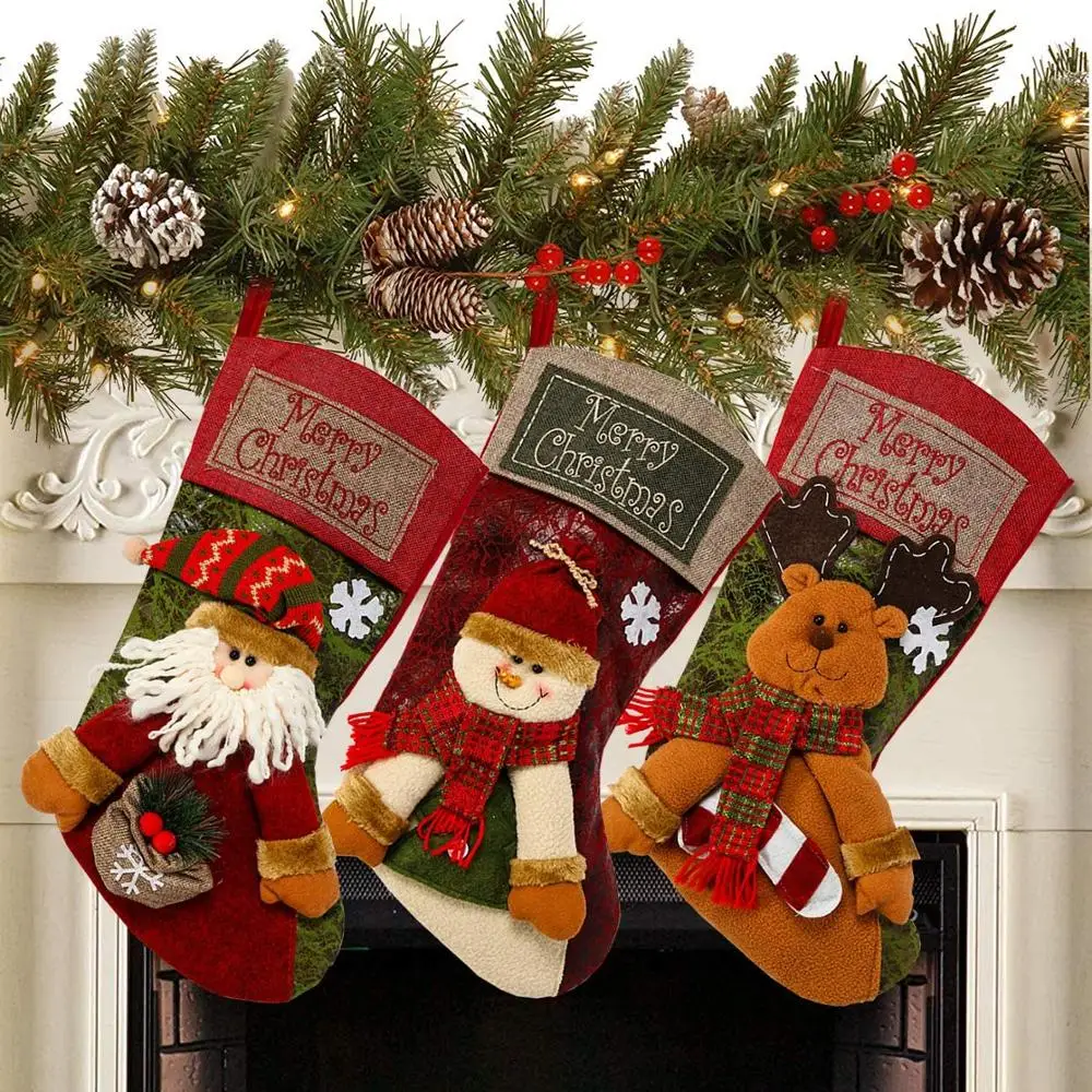 3pcs 18" Christmas Stocking Decor Large Stockings Santa Snowman Xmas Character for Family Holiday Christmas Party Decorations