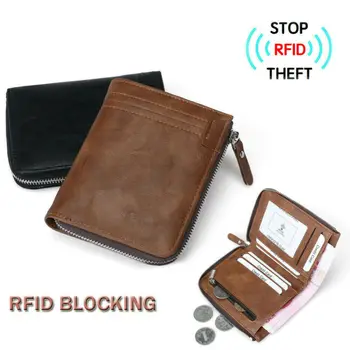 

Mens Retro PU Leather Slim Billfold Zipper Wallet RFID Blocking Card Holder Money Clip Male Casual Wallet