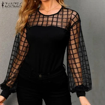 

2020 Spring Long Pufff Sleeve Shirt ZANZEA Sexy Sheer Black Blouse Fashion Women Mesh Patchwork Party Blusas Tunic Tops Female