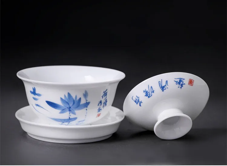 Керамический гайвань 3," с рисунком лотоса, китайский чайный сервиз Sancai, чайная чаша, белый керамический синий и белый фарфор, чайная чашка и блюдце, набор