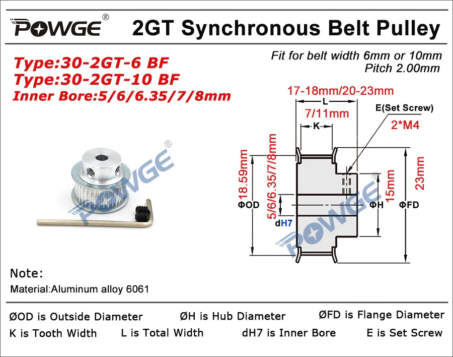 POWGE 30 зубов 2 м 2GT зубчатый шкив Диаметр 5/6/6,35/7 Plus/8 мм для 2MGT GT2 синхронного ремня ширина 6/9 мм Ювелирные наборы с маленьким люфта 30 зубы 30 T
