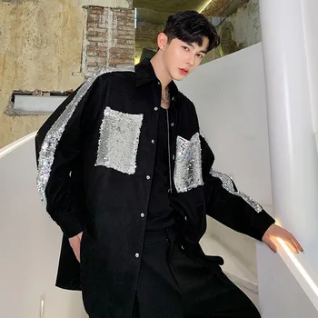 

Men Sequins Splice Long Sleeve Loose Casual Suede Fabric Shirts Coat Male Women Vintage Streetwear Hip Hop Shirt Outerwear