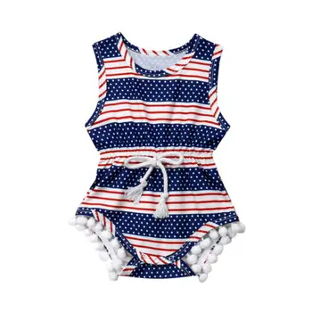 

Fashion Toddler Infant Newborn Baby Bibs Girls Cotton 4th of July Printing Tassel Romper Jumpsuit Children Clothes Outfits
