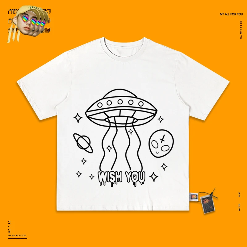 Alien Пятая область НЛО чай карамельный цвет ручной каракули уличное для скейта футболка для мужчин и женщин Fund - Цвет: white