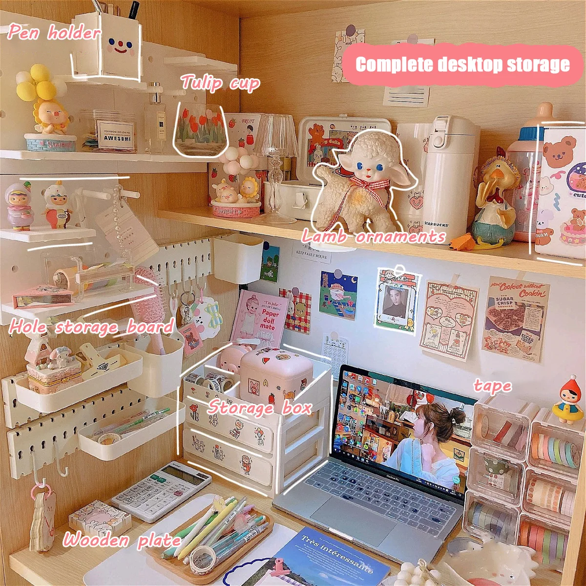 W & G Ins de almacenamiento de escritorio cajón caja Caja de almacenaje para estante contenedor del sostenedor del soporte de estante organizador cosméticos papelería Kawaii escritorio estante de 2021