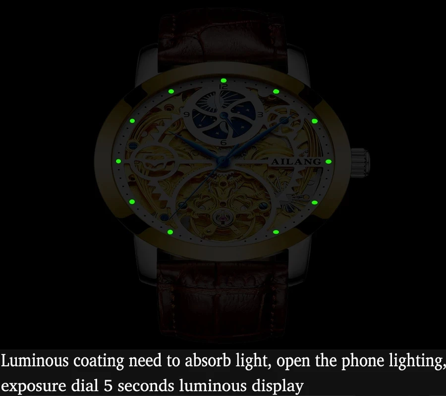AILANG 2021 New Men's Watch Business Casual 50M Life Waterproof Hollow Fully Automatic Mechanical Leather Strap Watches 6812A