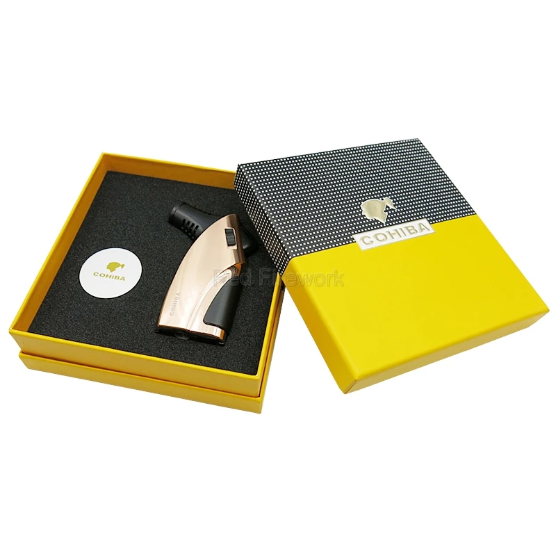 COHIBA металлическая Мини карманная ветрозащитная Зажигалка для сигар 3 струйный синий фонарь для сигарет портативные Зажигалки W/портсигар