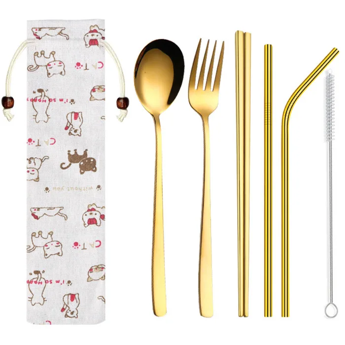 Stainless Steel Cutlery Set Five-piece Suit Linen Bag Tableware Travel Outdoor Office Picnic Barbecue D6