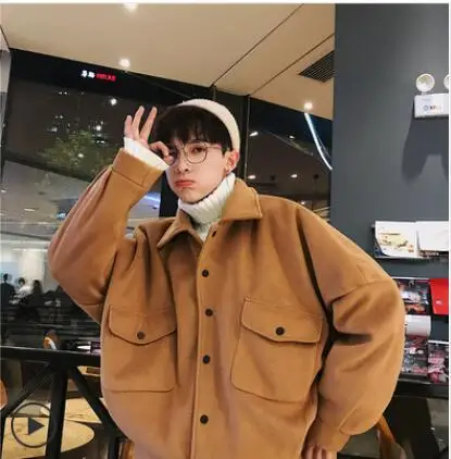 thicken brown Зимняя мужская Свободная модная одежда с хлопковой подкладкой и карманами шерстяные зимние повседневные куртки, пальто M-2XL - Цвет: thicken brown