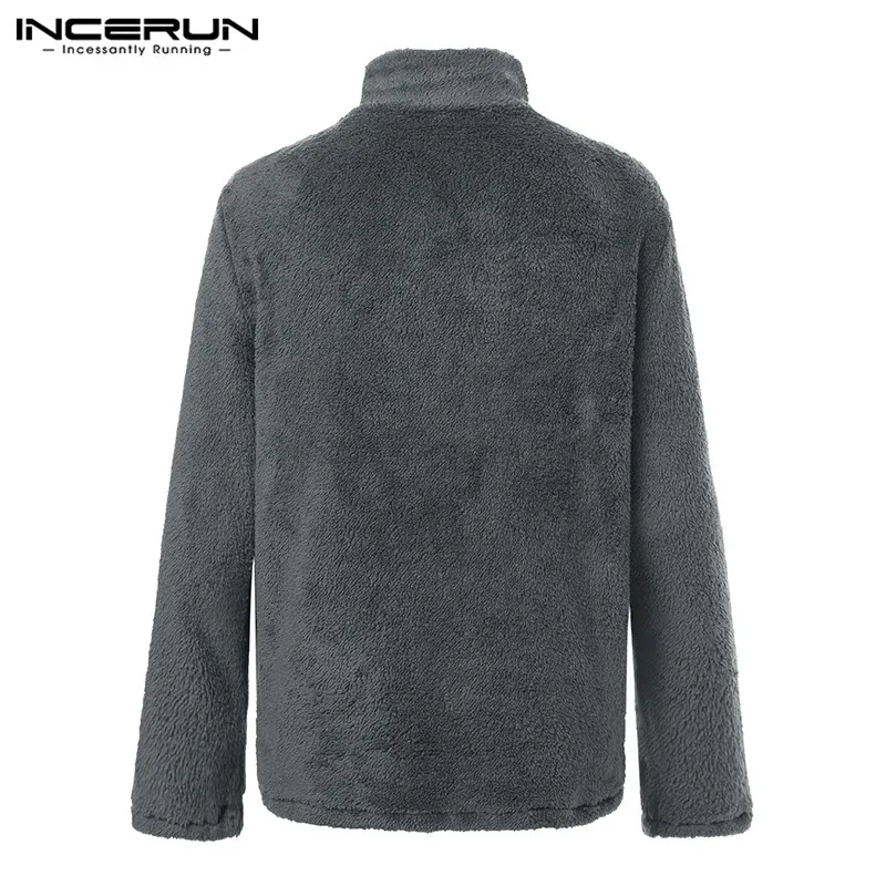 INCERUN/осень-зима, мужские теплые куртки с отворотом, мешковатые, удобные, одноцветные, на молнии, с карманами, мужская верхняя одежда, пальто, Masculino