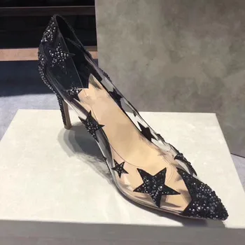 

2020 Concise Fashion PVC Woman Transparent Sandals Thin High Heels Shoes Pointed Toe Pumps Slip On star sexy women shoes