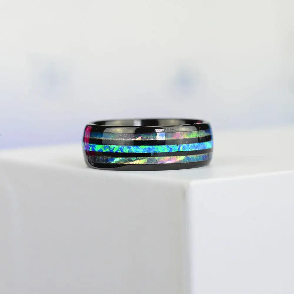 Elegant Rose Gold Tungsten Men's Wedding Ring with Abalone Shell & Blue Opal Inlay