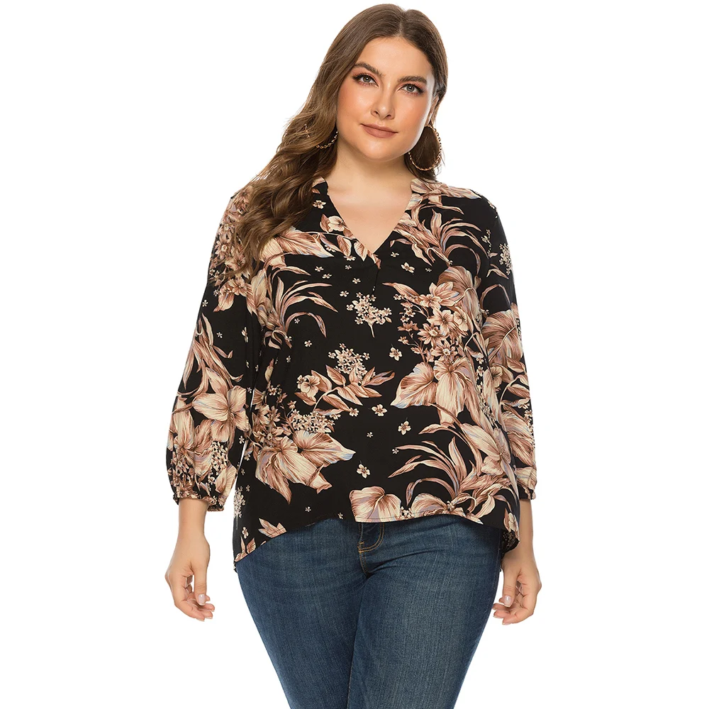 

Wipalo Xl-5xl Plus Size Women Shirt Autumn Winter Long Sleeve V-Neck Floral Print Blouses Casual Tops Big Size Women Clothing