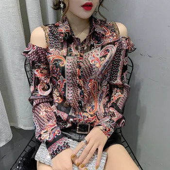 

Lugentolo Womens Tops and Blouses Off Shoulder Top Chiffon Print Diamond Turn-down Collar Long Sleeve Fashion Korean Top