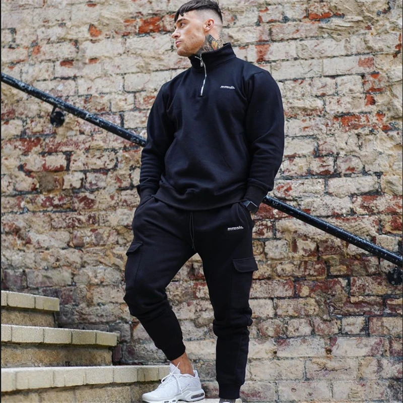 

New Men's fitness Sets Logo Print Man Fashion Casual Tracksuits Two-piece Patchwork Chest Pocket sports Pants Suits