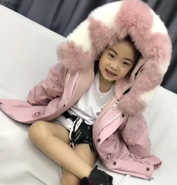 pink TWO PCS ZiZhen/парка пальто, комплект из двух предметов, наряд для мамы и дочки, капюшон с отделкой из лисьего меха, натуральная подкладка из кроличьего меха Рекс WEIZHEN0928 - Цвет: pink TWO PCS
