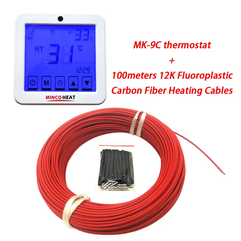 100 м 12 к фторопласт с термостатом может быть отправлен из России Красный Инфракрасный углеродный волоконный теплый пол нагревательный кабель Minco Heat - Цвет: 100m and MK-9C