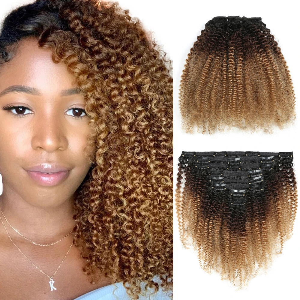 Ombre 1b 4 27 4b 4c Mongolian Afro Kinky Curly Clip In Human Hair Extension Remy 8 Pcs Set Clips Ins For African Americans Women Aliexpress