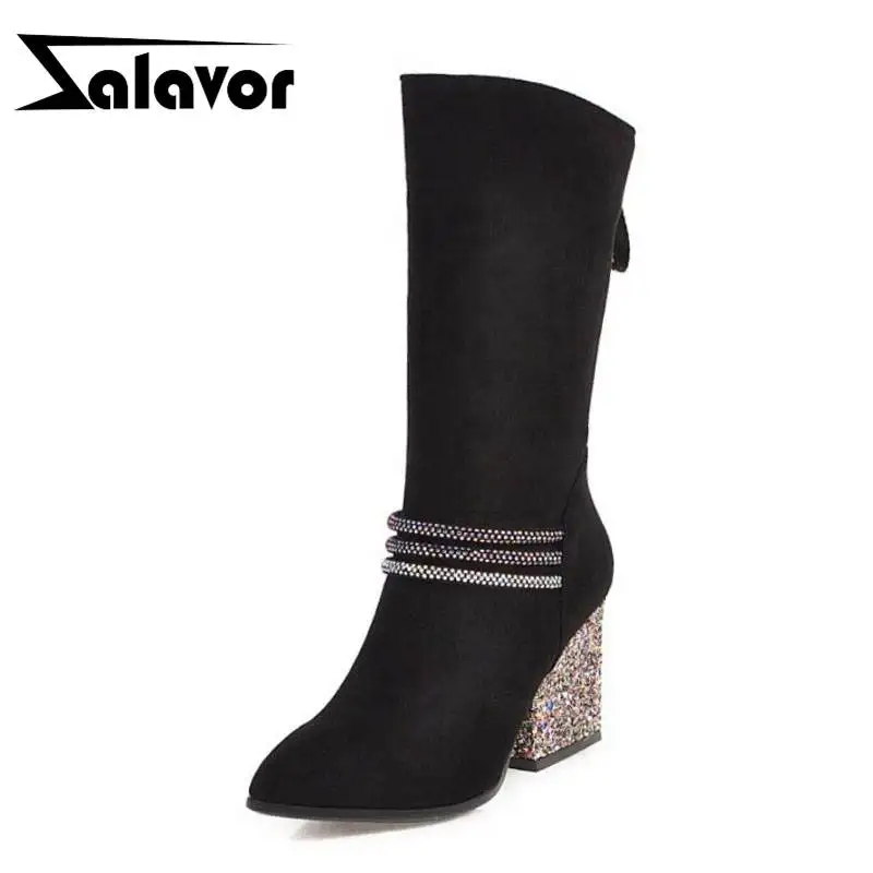 

ZALAVOR Women Knee High Boots Winter Fur Warm Long Boots Crystal Pointed Toe Office Women Shoes Bling Square Heels Size 33-43