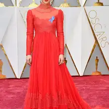 Ruth Negga Red Lace Celebrity Dress 89th Annual Academy Awards High Neck Long Chiffon Evening Dress Lace Sleeves Prom Party Gown