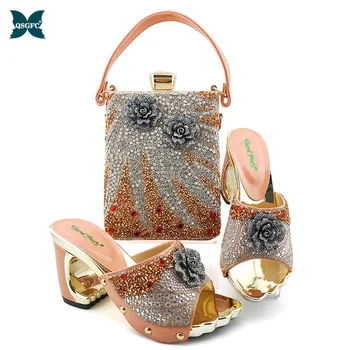 

Italian design Woman High Heels Sandals And Matching Bag Set For Party Hot Sale Woman Shoes And Bag To Match Set in Peach Color