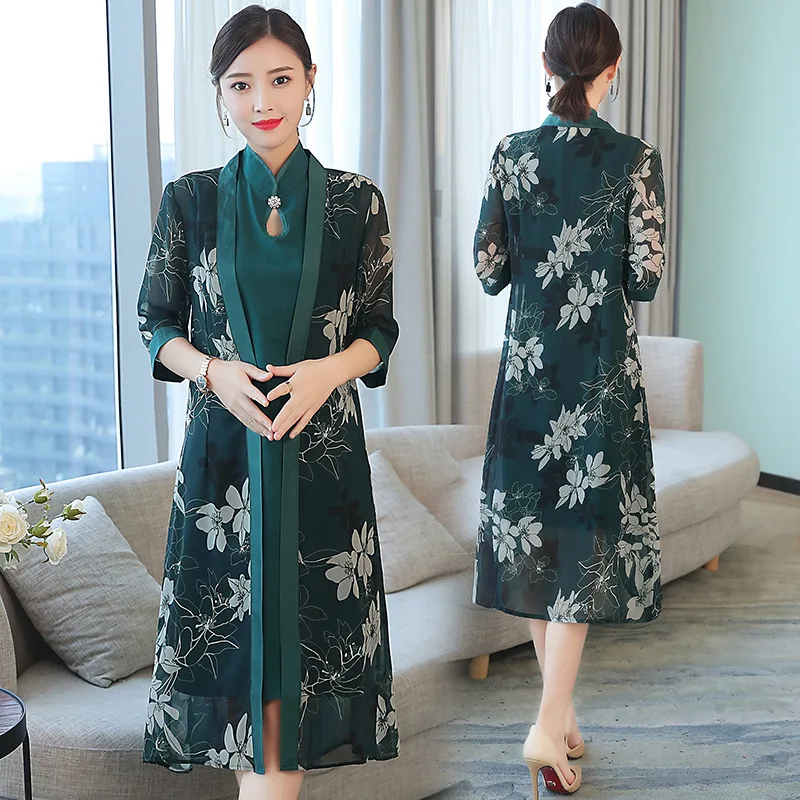 Лето и осень стиль с принтом Cheongsam платье жилет Ретро Кардиган большого размера комплект пальто
