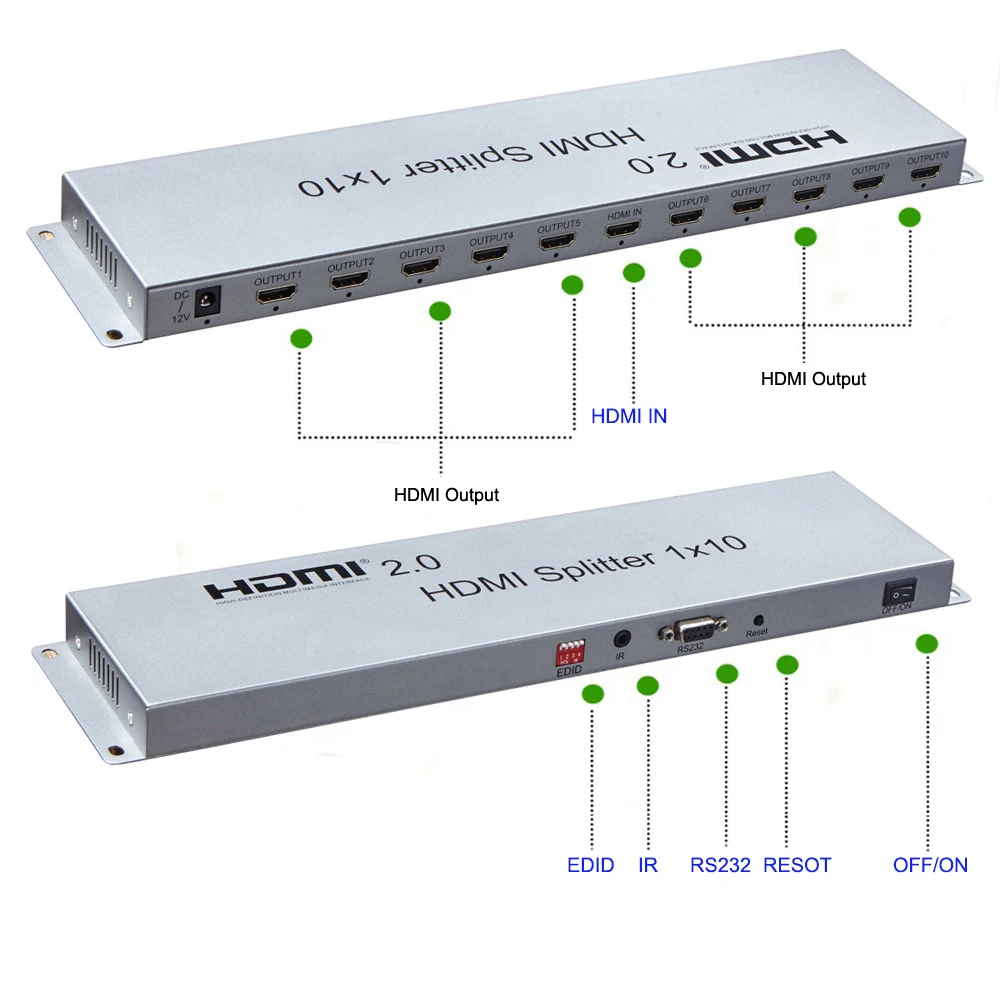 HDMI 2,0 4K HDMI сплиттер 1x10 1080P 3D видео конвертер дистрибьютор 1 в 10 выход HDCP2.2 EDID RS232 компьютер ноутбук ПК к ТВ HD tv