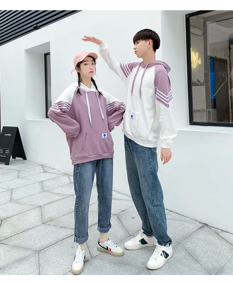 Winter Hoodies Sweatshirts Matching Couple Clothes Lovers Valentine's Day Striped Cute Purple Long Sleeve Hooded Hoodies 1910