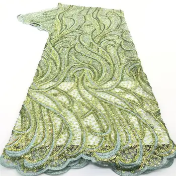 

2020 New Design African Sequins Lace Fabric French Net Embroidery Tulle Lace Fabric For Nigerian Wedding Party Dress Green