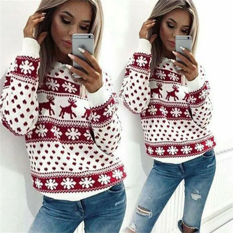 2022 Ladies Christmas Jumper Knitted Fairisle Snowflake Retro Xmas Tunic Sweater Sweatshirt Hoodies Blouse Xmas Pullover T Shirt