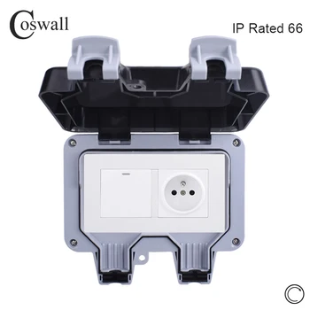 

Coswall IP66 Waterproof Outdoor French Standard Wall Socket With 1 Gang 1 Way Push Button Switch Reset Momentary Contact Switch