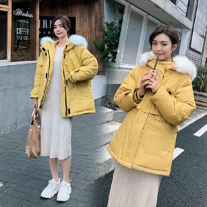 

2019 Autumn & Winter down Jacket Women's Short Large Fur Collar Loose-Fit Super Fire INS down Coat Cotton-padded Clothes Army Wo