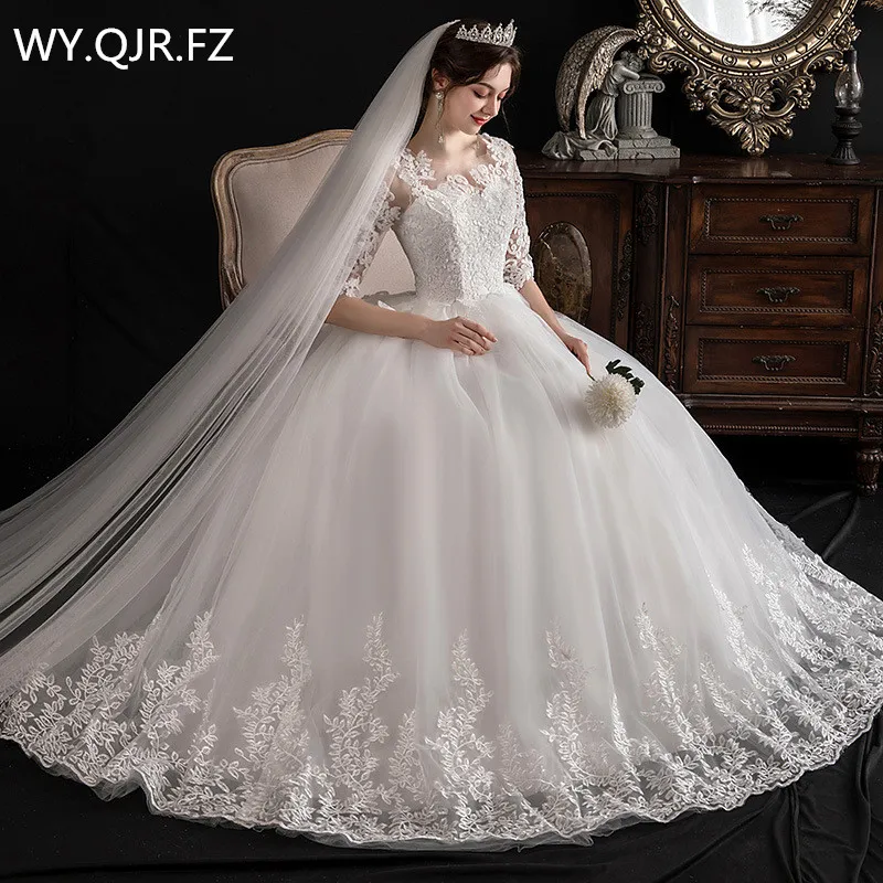 

Женское бальное платье, свадебное платье, белое кружевное платье с вышивкой на сетвечерние свадебные платья, длинные кружевные платья с круглым вырезом и средним рукавом, оптовая продажа